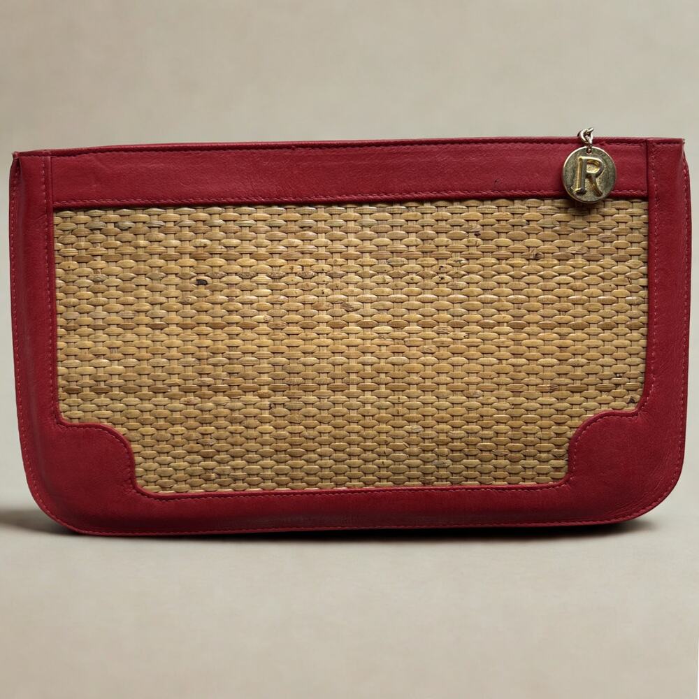 Vintage 70s Ann Taylor Wicker Clutch Straw Red Leather Trim Bag Retro‎ Purse